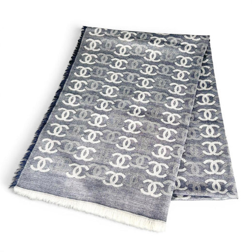 Excellent CHANEL Stall 23P COCO Mark Double C Large Size Fringe Navy cashmere