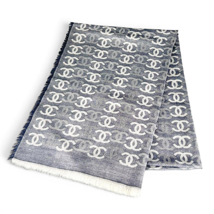 Excellent CHANEL Stall 23P COCO Mark Double C Large Size Fringe Navy cashmere