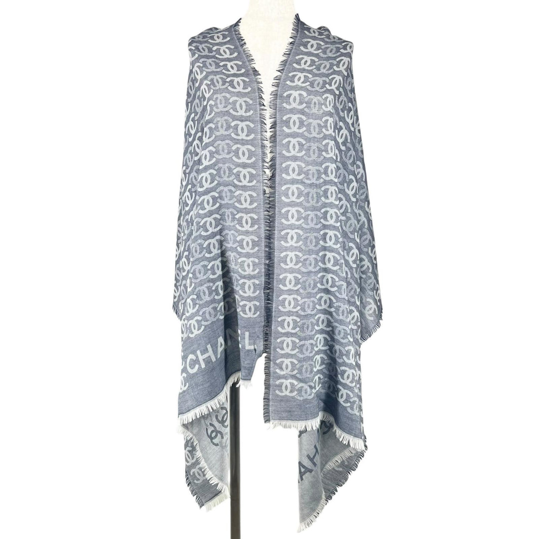 Excellent CHANEL Stall 23P COCO Mark Double C Large Size Fringe Navy cashmere
