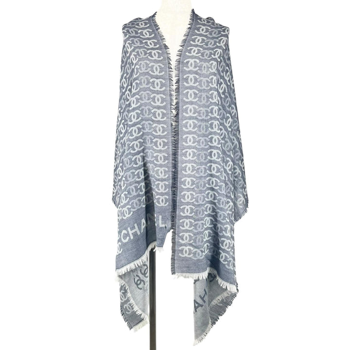 Excellent CHANEL Stall 23P COCO Mark Double C Large Size Fringe Navy cashmere
