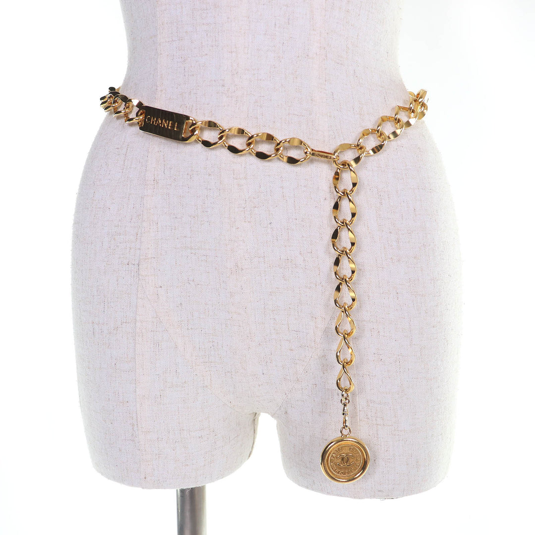 Great CHANEL belt COCO Mark Coin Motif With Logo Chain Belt gold Women