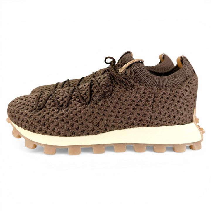 Pristine TOD’S Low cut sneakers Fabric knit Brown leather mens 8.5