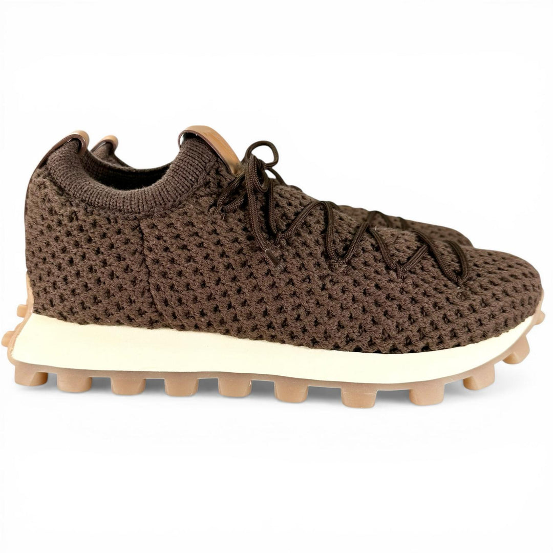 Pristine TOD’S Low cut sneakers Fabric knit Brown leather mens 8.5