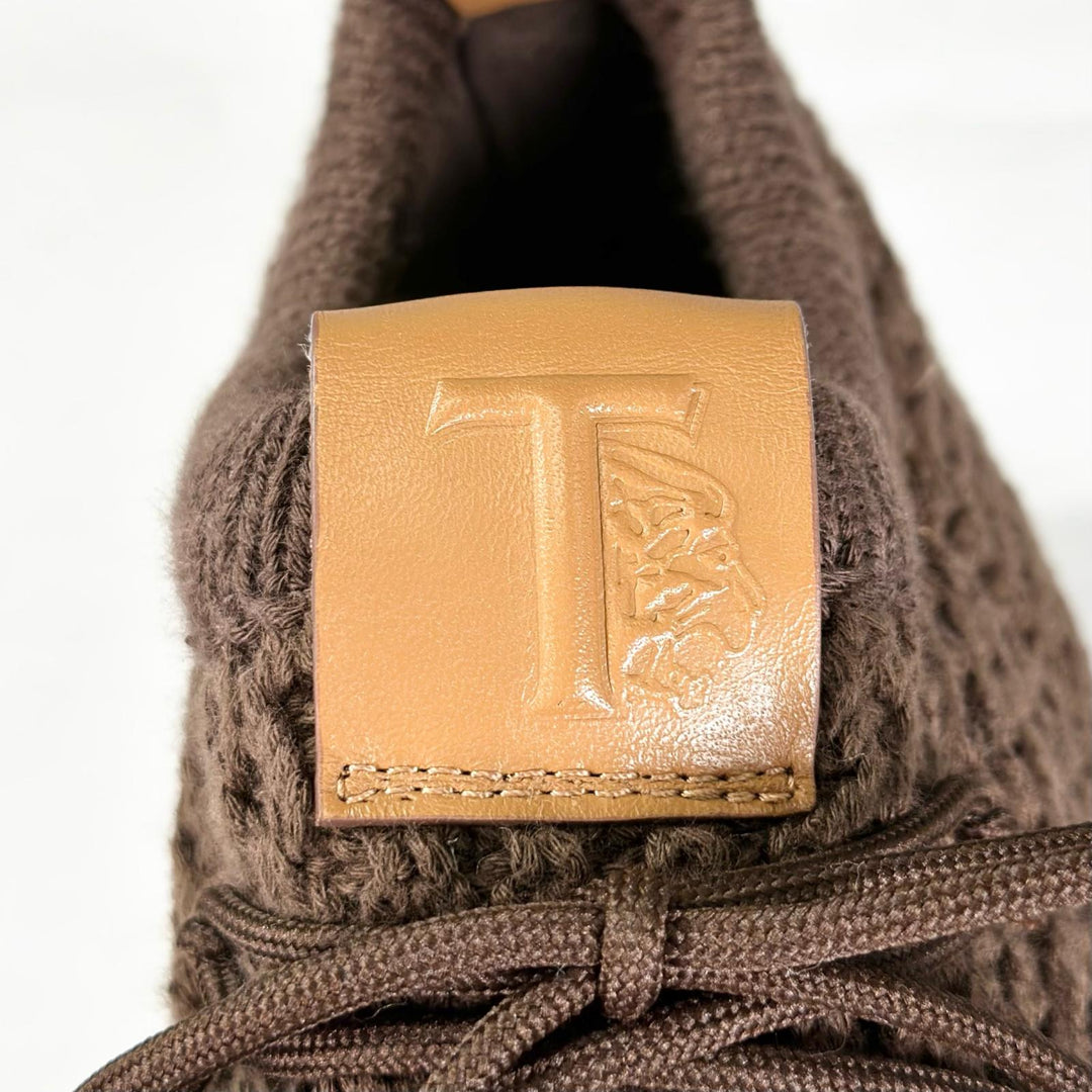 Pristine TOD’S Low cut sneakers Fabric knit Brown leather mens 8.5