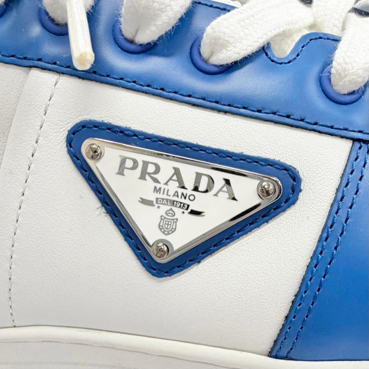 Great PRADA sneakers Downtown triangle logo leather blue leather mens 7 2EE364