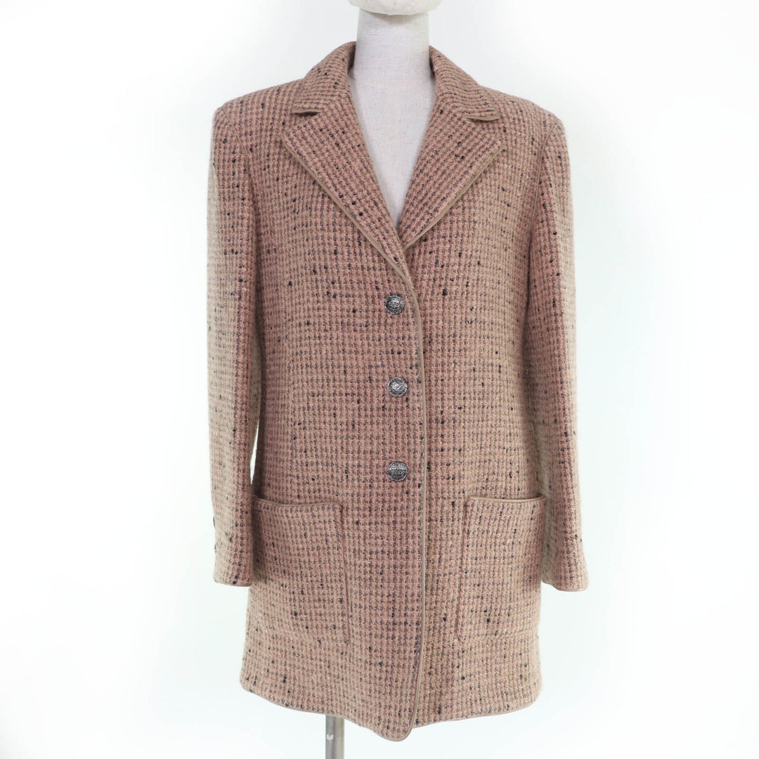 Excellent CHANEL Jacket Logo button leather tweed Pink Women 36 97A P09591V05961