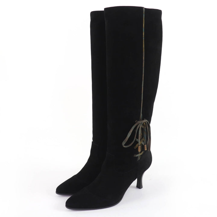 Great HERMES Knee-high boots BOHEME Suede leather with silk ribbon black 37.5