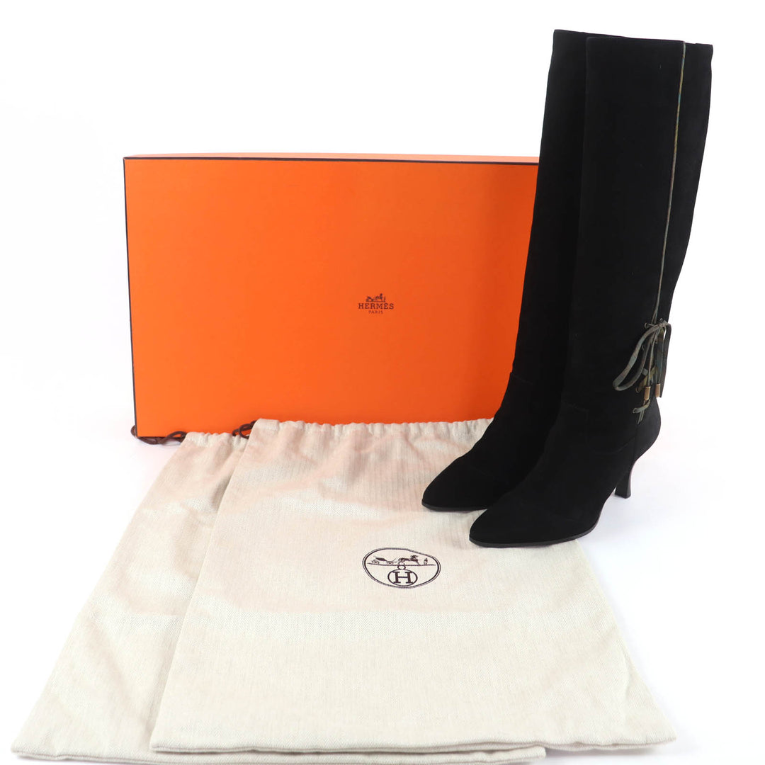 Great HERMES Knee-high boots BOHEME Suede leather with silk ribbon black 37.5