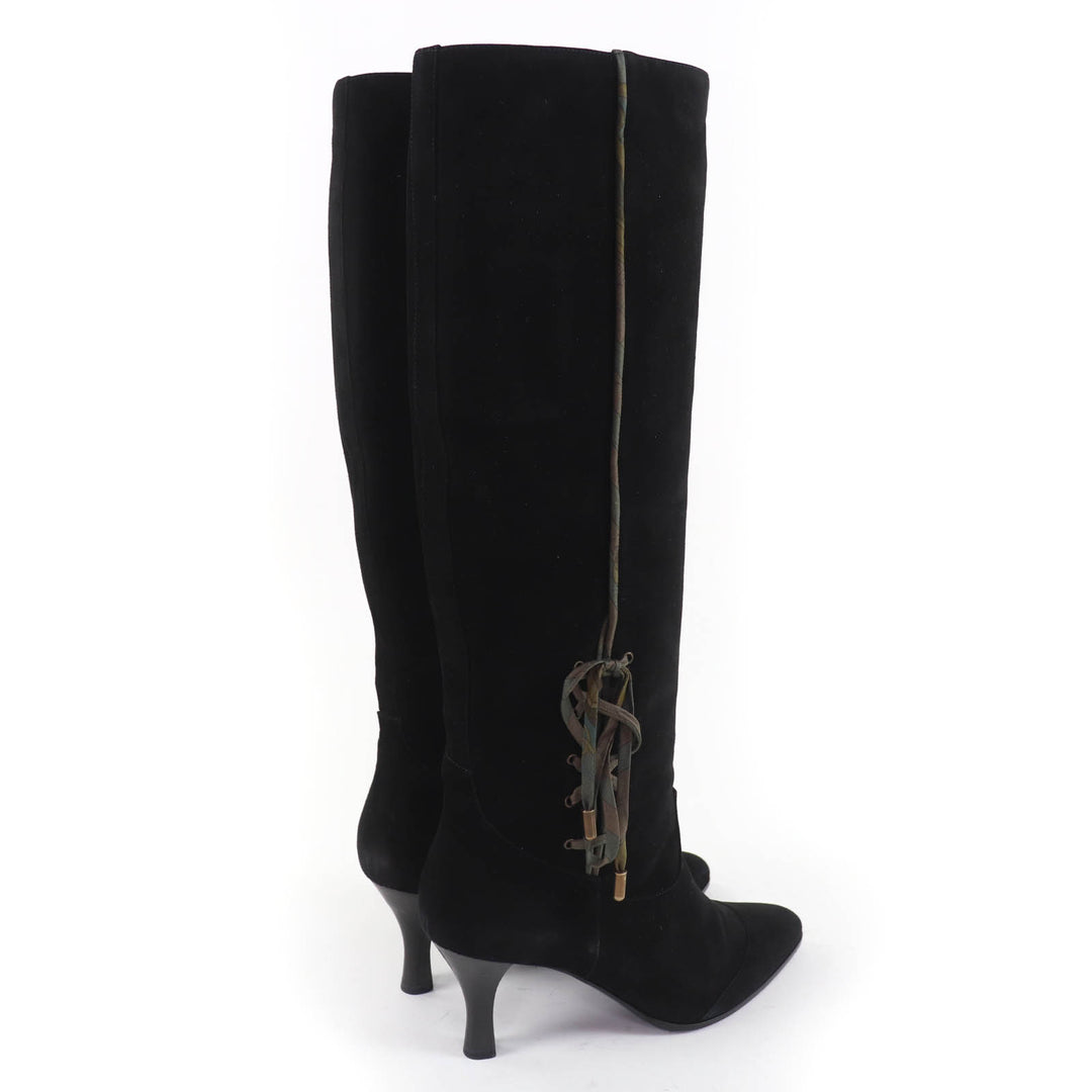 Great HERMES Knee-high boots BOHEME Suede leather with silk ribbon black 37.5