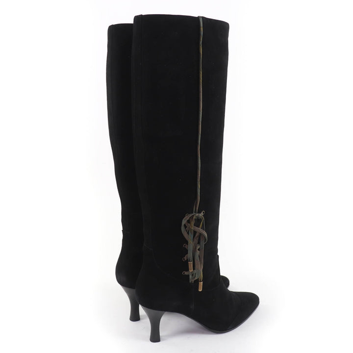 Great HERMES Knee-high boots BOHEME Suede leather with silk ribbon black 37.5