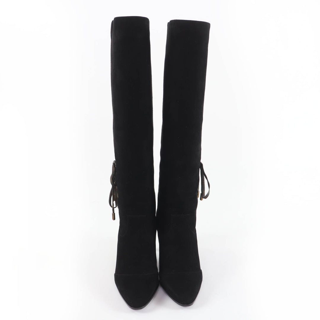 Great HERMES Knee-high boots BOHEME Suede leather with silk ribbon black 37.5