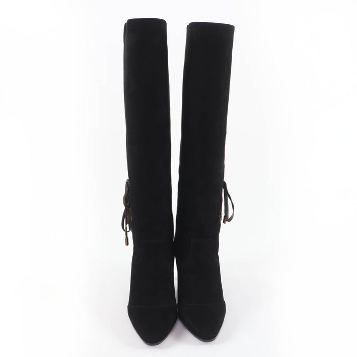 Great HERMES Knee-high boots BOHEME Suede leather with silk ribbon black 37.5