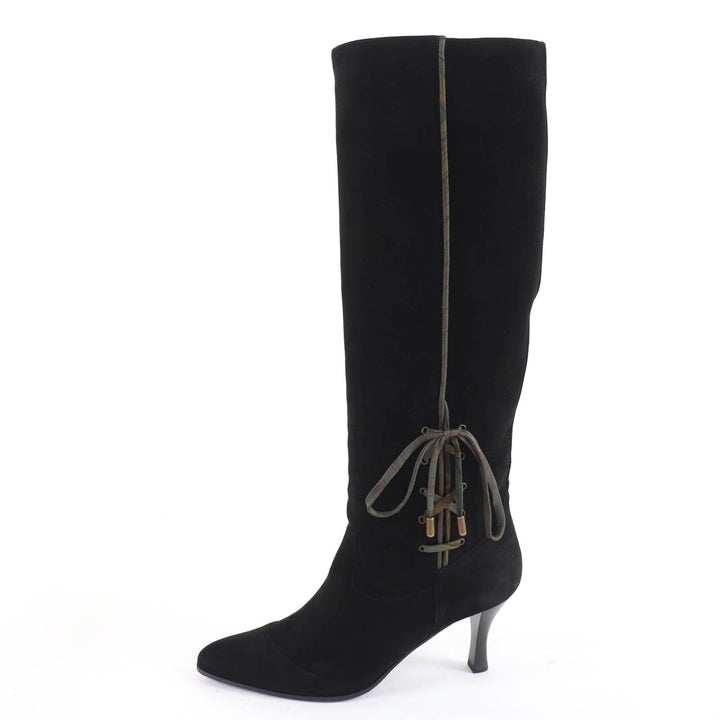 Great HERMES Knee-high boots BOHEME Suede leather with silk ribbon black 37.5
