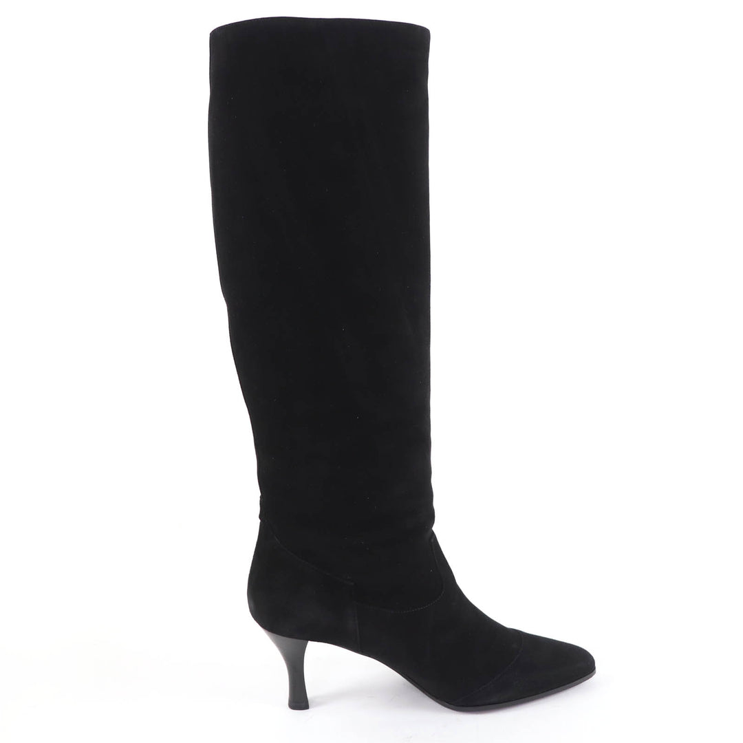 Great HERMES Knee-high boots BOHEME Suede leather with silk ribbon black 37.5