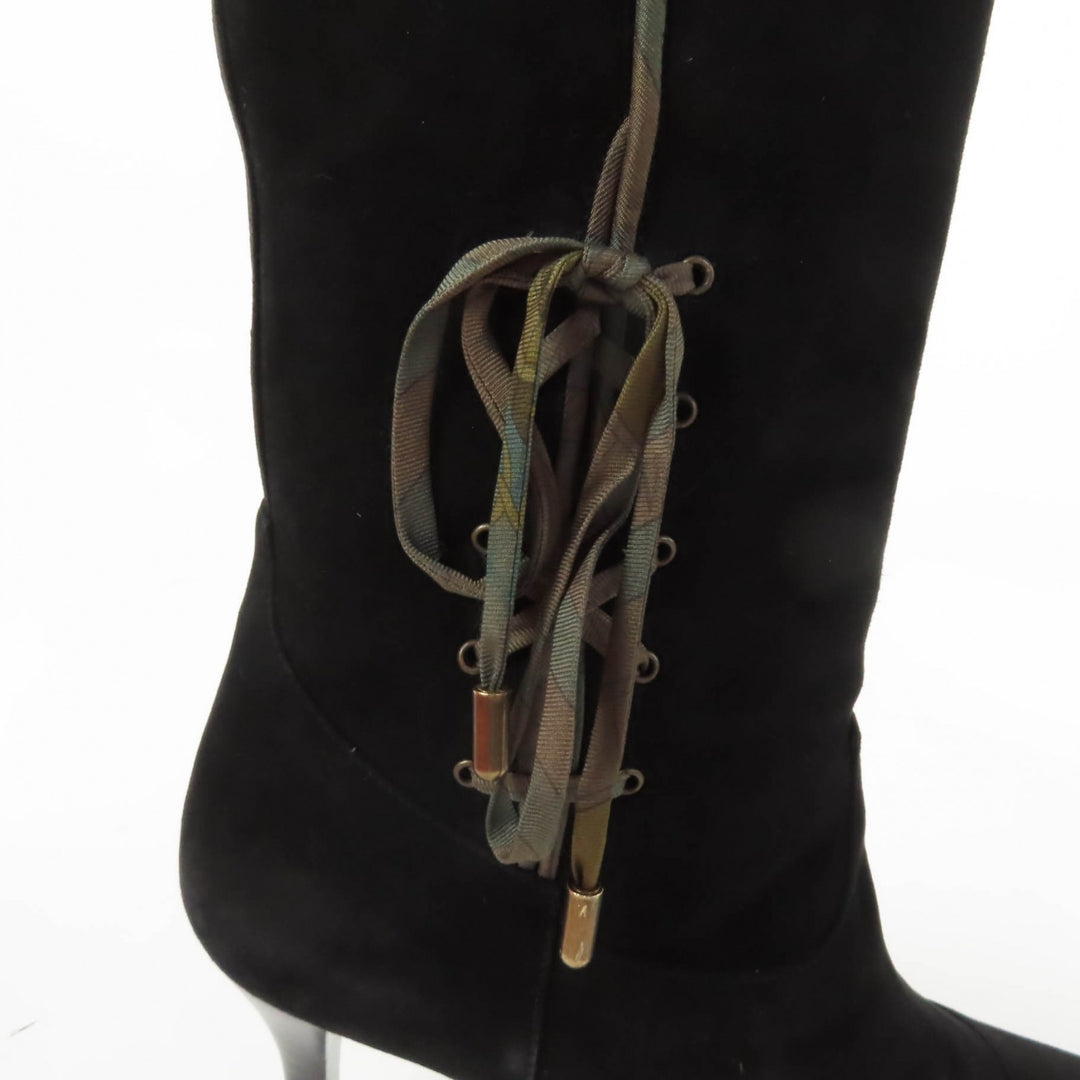 Great HERMES Knee-high boots BOHEME Suede leather with silk ribbon black 37.5