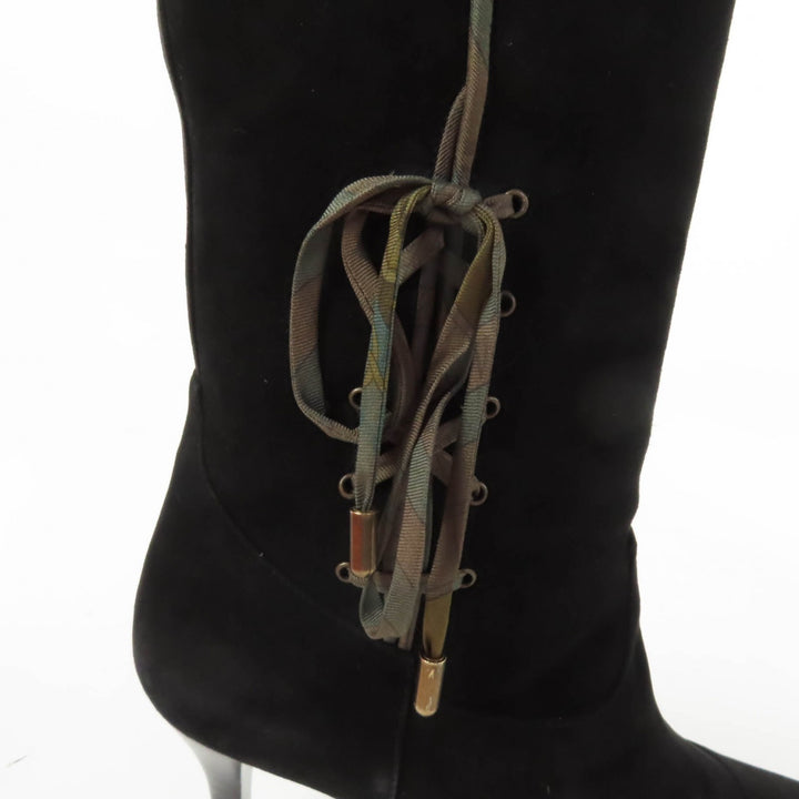 Great HERMES Knee-high boots BOHEME Suede leather with silk ribbon black 37.5