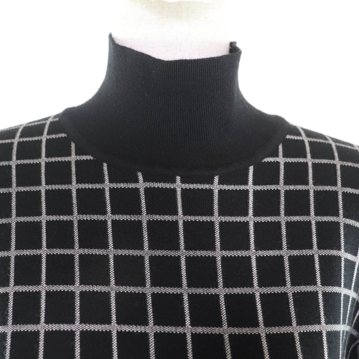 Great HERMES knit Plaid High Neck Long Sleeves black cashmere Women 40
