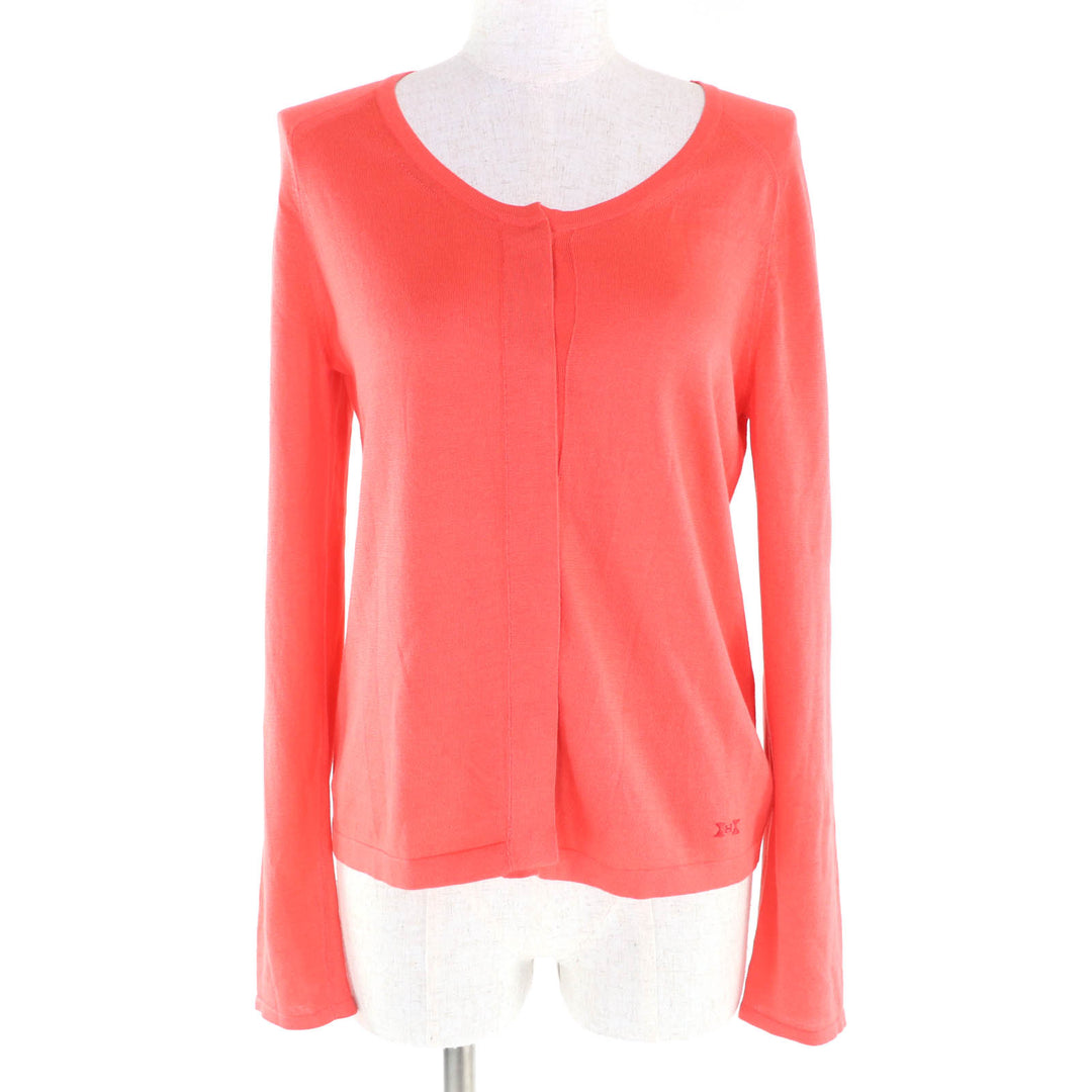 Excellent HERMES cardigan Logo embroidered fly knit Coral pink silk Women 36