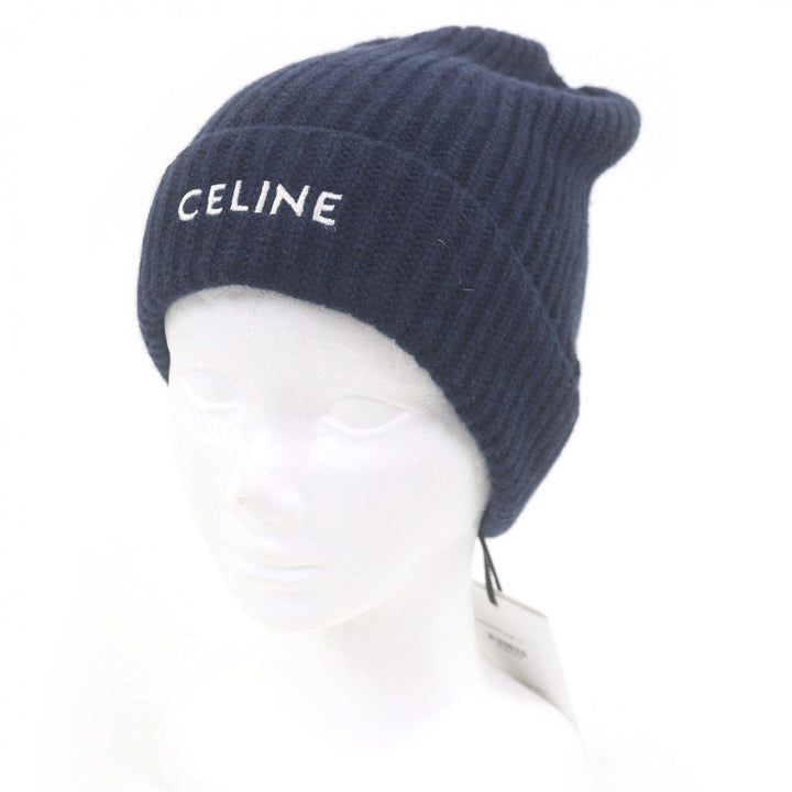 Pristine CELINE Knit cap Logo embroidery beanie Navy cashmere mens 2AG83207O