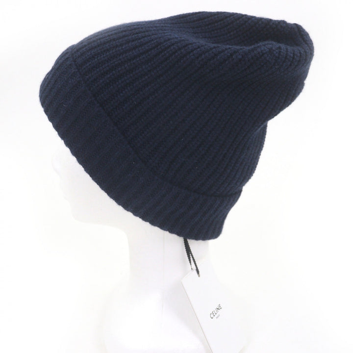 Pristine CELINE Knit cap Logo embroidery beanie Navy cashmere mens 2AG83207O