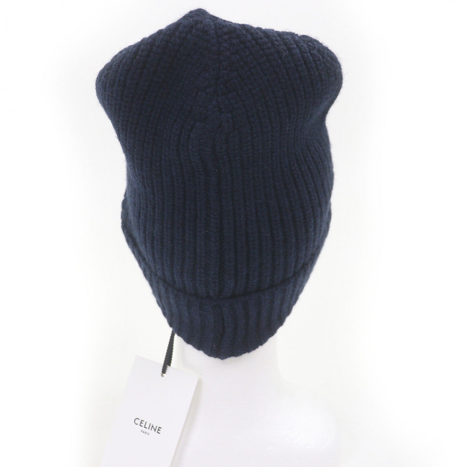 Pristine CELINE Knit cap Logo embroidery beanie Navy cashmere mens