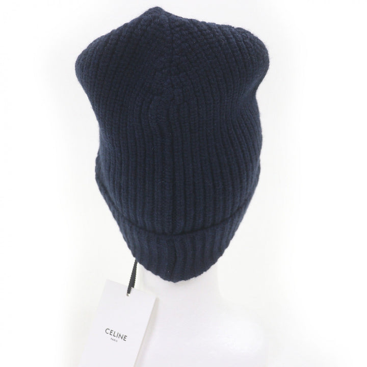 Pristine CELINE Knit cap Logo embroidery beanie Navy cashmere mens 2AG83207O