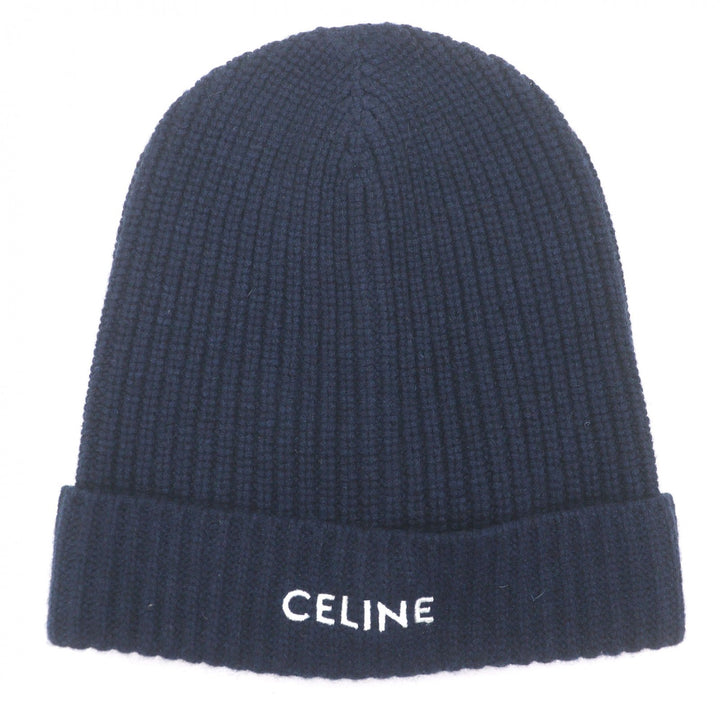 Pristine CELINE Knit cap Logo embroidery beanie Navy cashmere mens 2AG83207O
