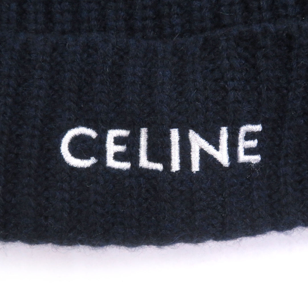 Pristine CELINE Knit cap Logo embroidery beanie Navy cashmere mens 2AG83207O