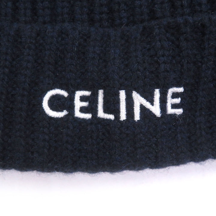 Pristine CELINE Knit cap Logo embroidery beanie Navy cashmere mens 2AG83207O