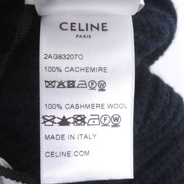 Pristine CELINE Knit cap Logo embroidery beanie Navy cashmere mens 2AG83207O