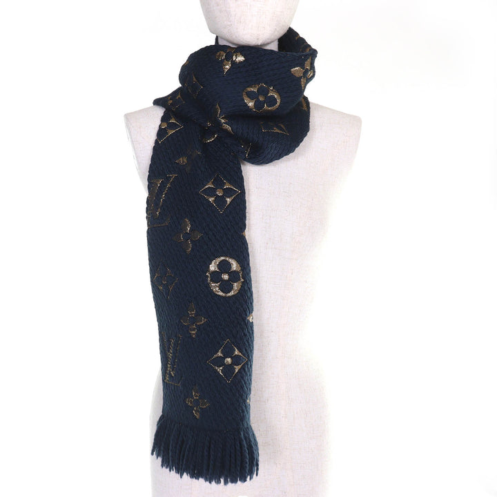 Great LOUIS VUITTON Scarf Escalp Logo Mania Shine fringe Navy wool mens M70815