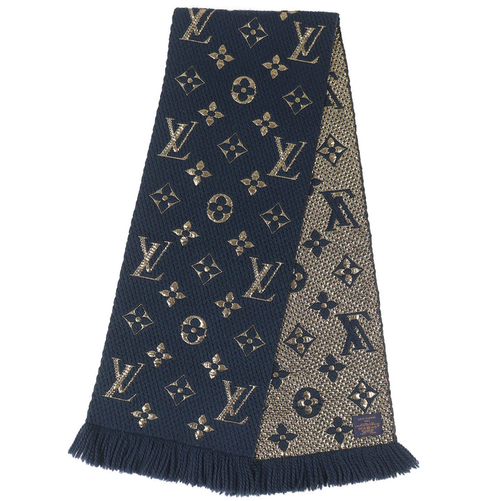 Great LOUIS VUITTON Scarf Escalp Logo Mania Shine fringe Navy wool mens M70815