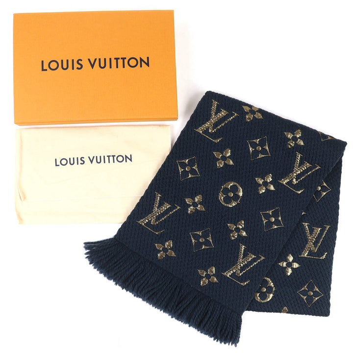 Great LOUIS VUITTON Scarf Escalp Logo Mania Shine fringe Navy wool mens M70815