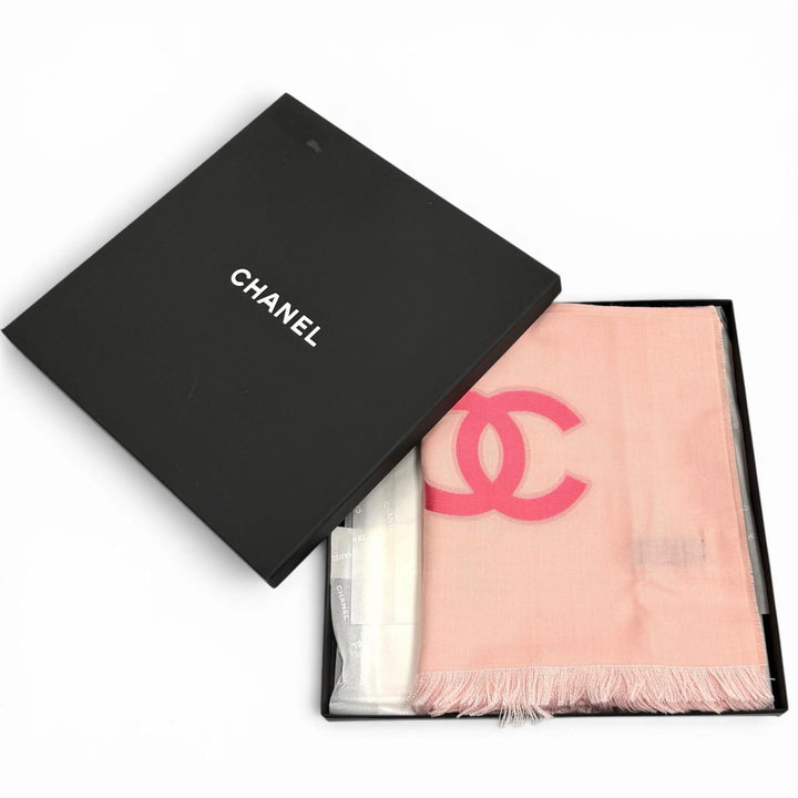 Excellent CHANEL Stall COCO Mark Large Size with Fringe pink cashmere Women 23C