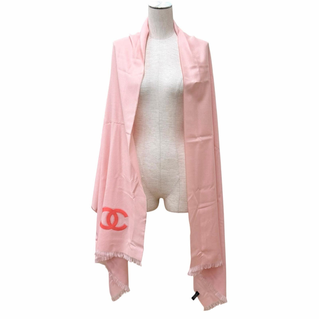 Excellent CHANEL Stall COCO Mark Large Size with Fringe pink cashmere Women 23C