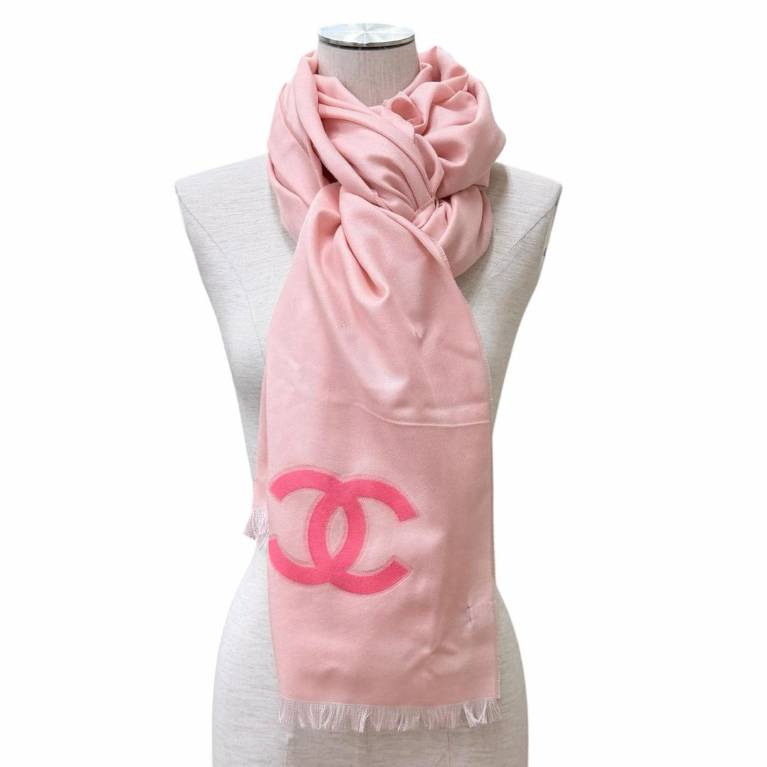 Excellent CHANEL Stall COCO Mark Large Size with Fringe pink cashmere Women 23C