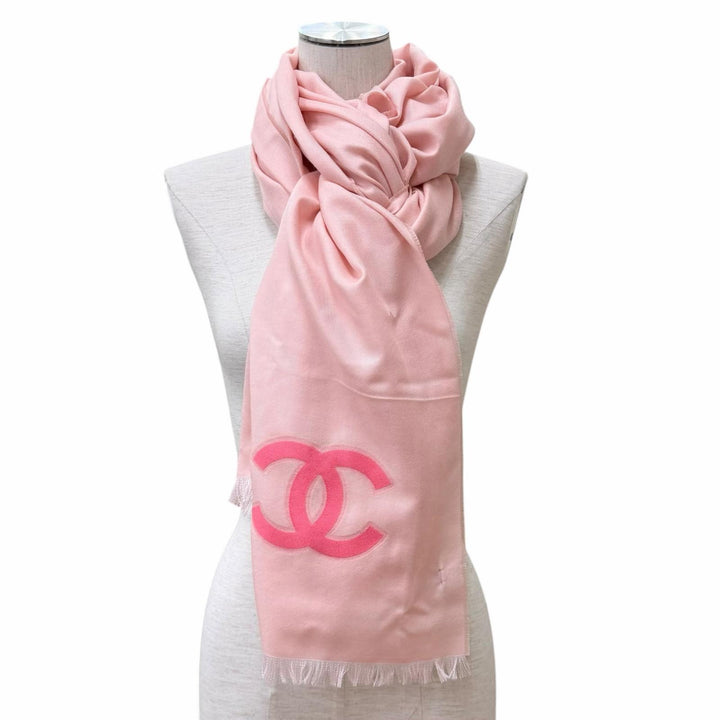 Excellent CHANEL Stall COCO Mark Large Size with Fringe pink cashmere Women 23C