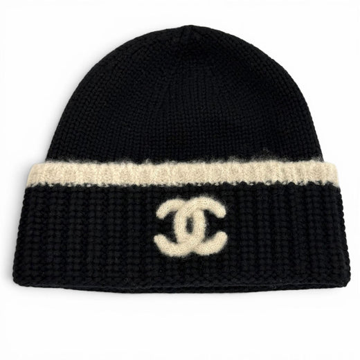 Excellent CHANEL Knit cap COCO Mark black wool Women