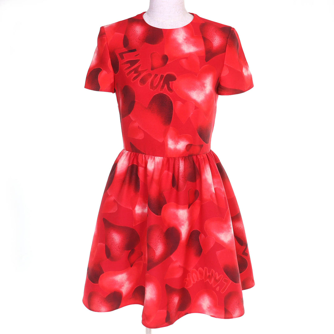 Excellent VALENTINO one piece LAMOUR Heart print short-sleeved mini dress Red
