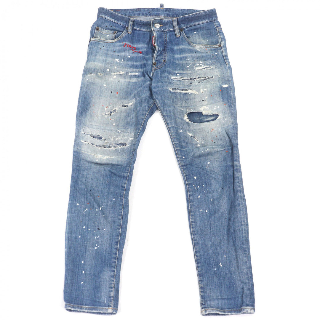 Discounted Very Good DSQUARED2 Denim pants Skater Jean Paint crush finish Indigo blue