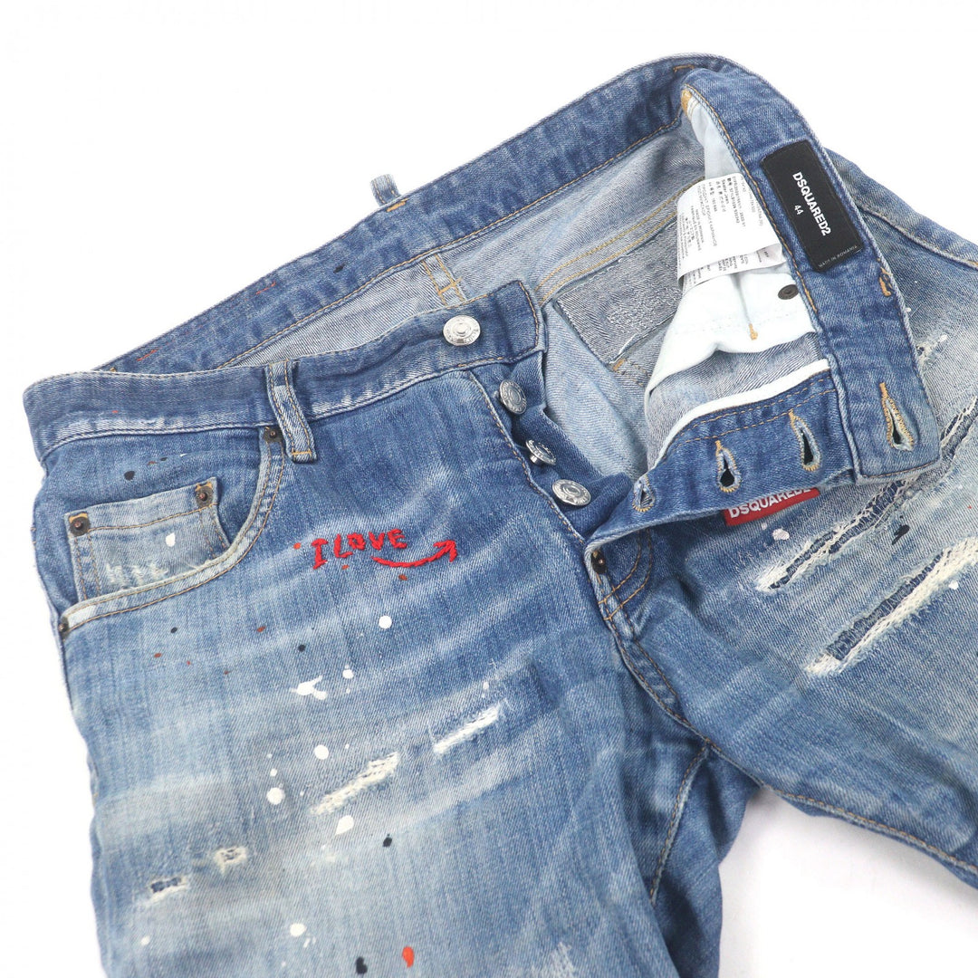 Discounted Very Good DSQUARED2 Denim pants Skater Jean Paint crush finish Indigo blue