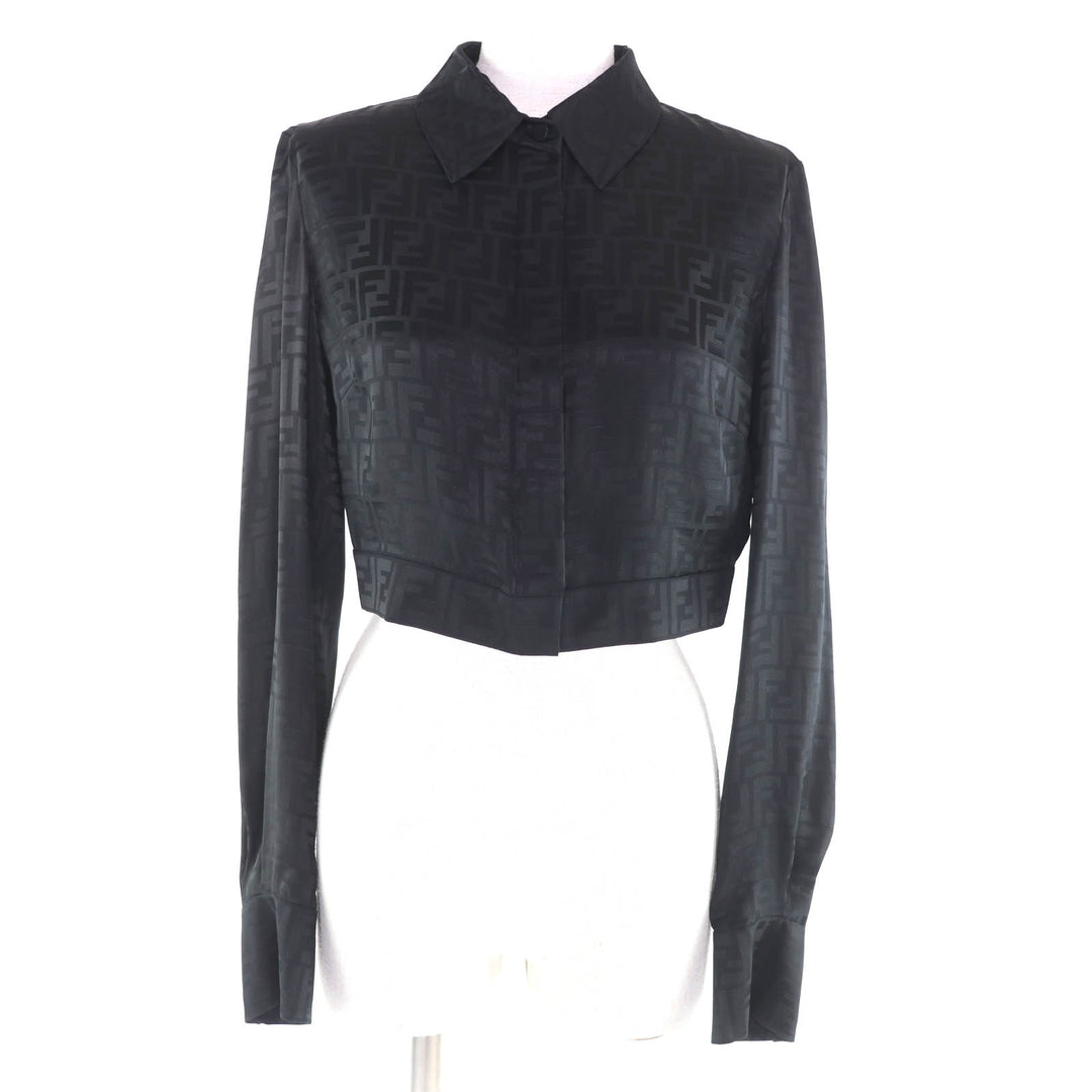 Excellent FENDI Long sleeve shirt Zucca Pattern Cropped black silk 38 FS7994