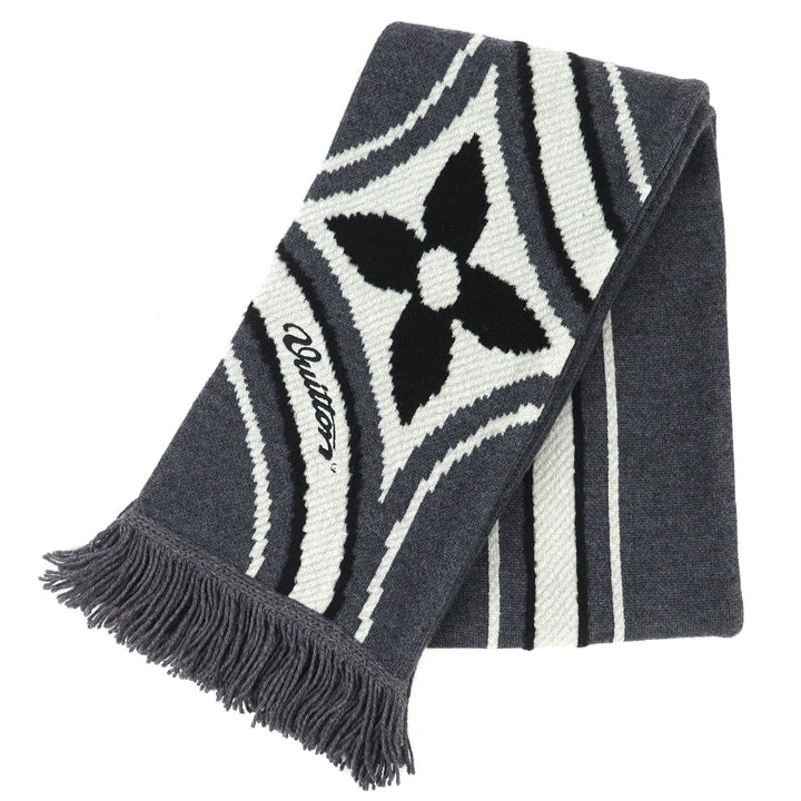Excellent LOUIS VUITTON Scarf with graphic floral design fringe gray M97784