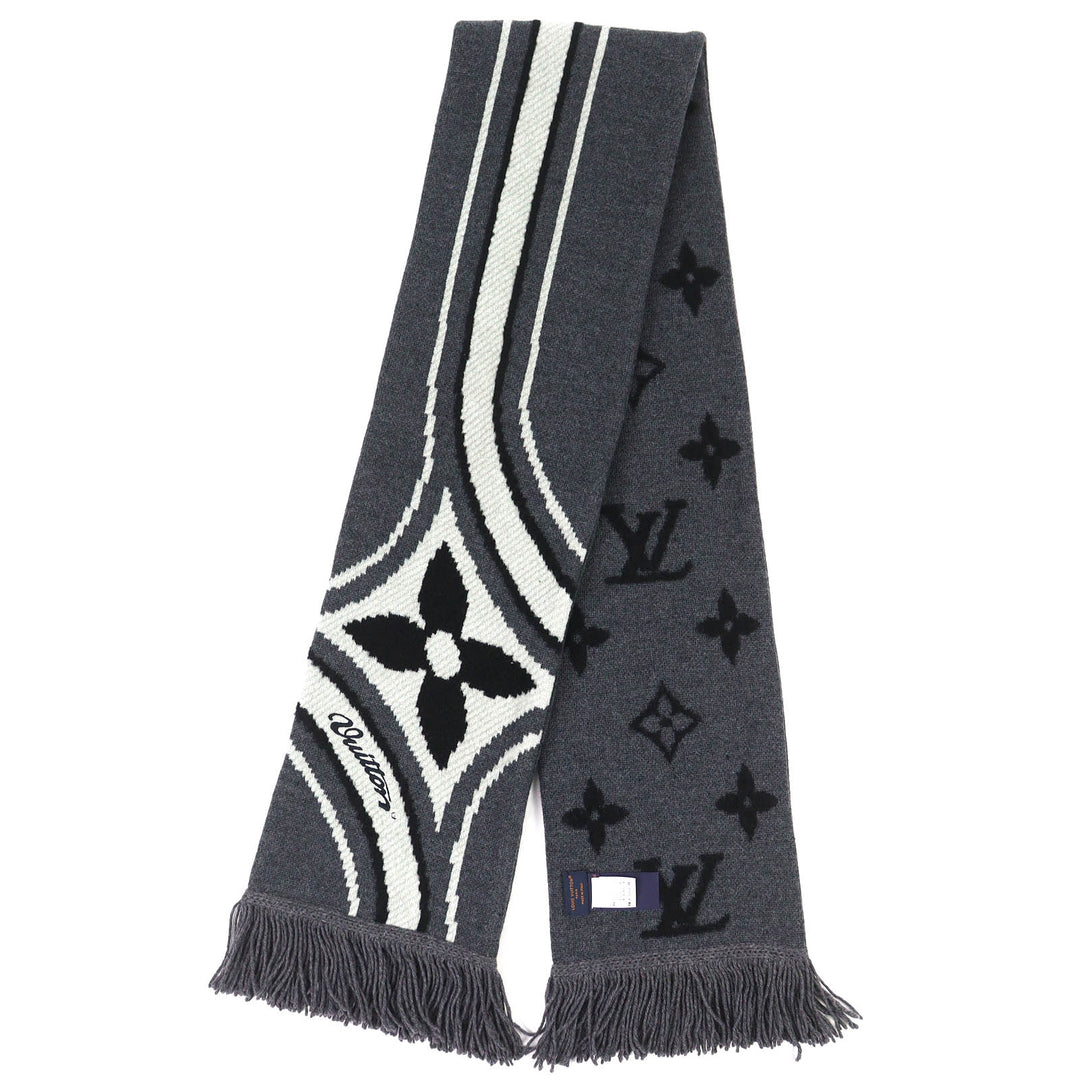 Excellent LOUIS VUITTON Scarf with graphic floral design fringe gray M97784