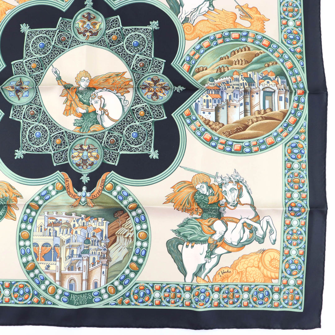 Pristine HERMES scarf LE TRIOMPHE DU PALADIN Style card included multicolor silk