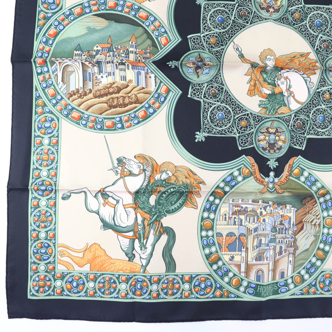 Pristine HERMES scarf LE TRIOMPHE DU PALADIN Style card included multicolor silk
