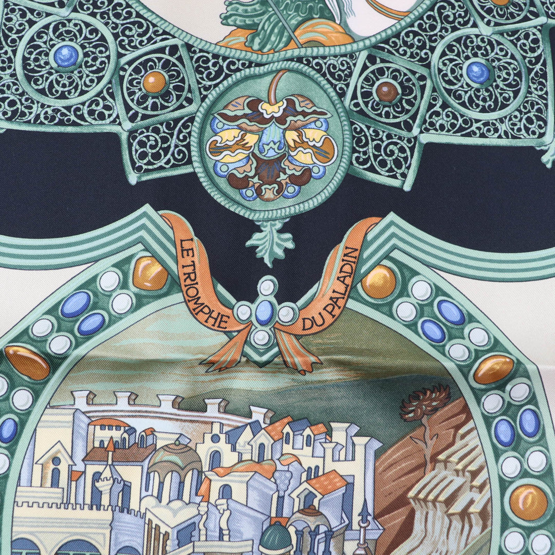 Pristine HERMES scarf LE TRIOMPHE DU PALADIN Style card included multicolor silk
