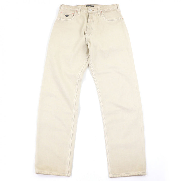 Great PRADA Denim pants triangle logo triangle plate beige cotton mens 31 GEP358