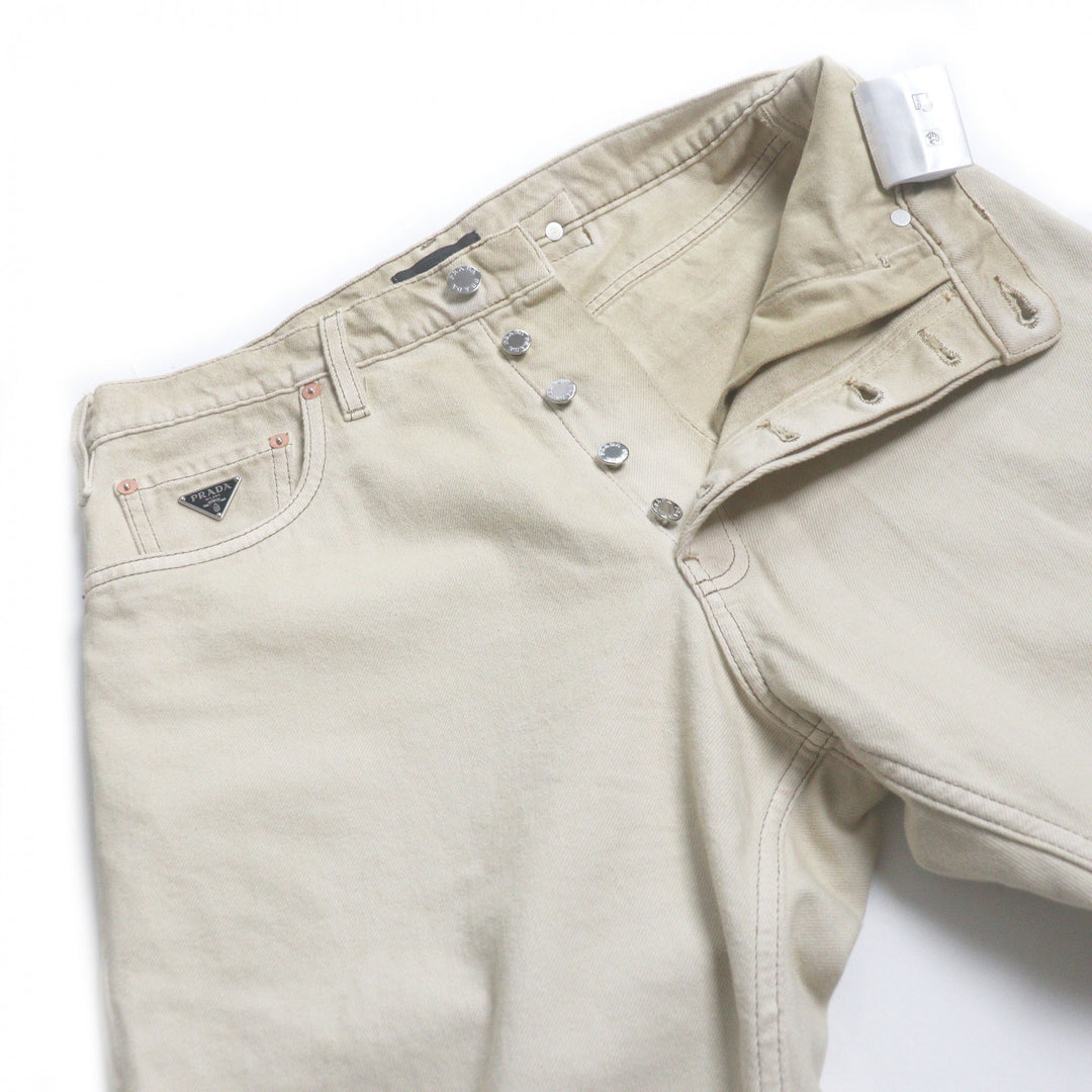 Great PRADA Denim pants triangle logo triangle plate beige cotton mens 31 GEP358