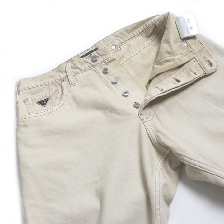Great PRADA Denim pants triangle logo triangle plate beige cotton mens 31 GEP358